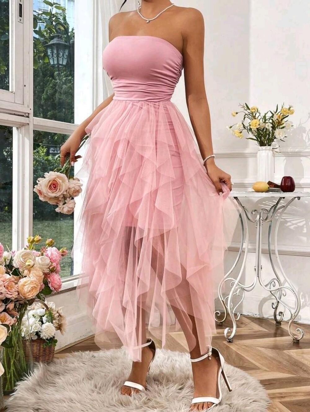 Baby Pink Strapless Mesh Midi Dress For Women Sleeveless Ruched Flared - Picture 6 of 6